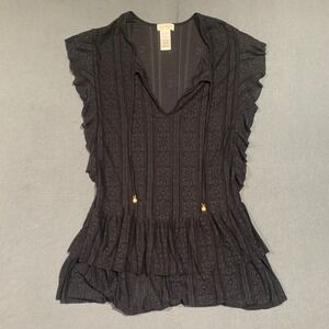 Black Lace Ruffle Trim Swim Cover Sleeveless V Neck Eyelet Fabric Women's Medium